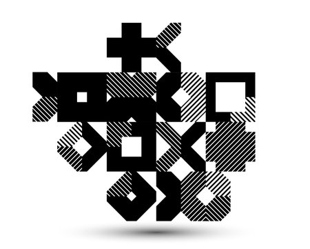 Abstract geometric black and white vector background, modular tiling stripy art with circles and other shapes, monochrome retro style artistic motif isolated.のイラスト素材