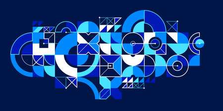 Abstract geometric pattern vector background over dark, network and digital data composition, engineering draft style pattern, tech style engine looks like shapes.のイラスト素材