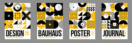 Geometric vector posters and covers in Bauhaus style, layout for advertisement sheet, brochure or book cover, tiling mosaic pattern Memphis style abstraction.のイラスト素材
