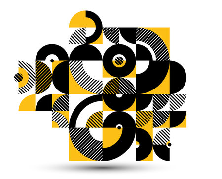 Abstract geometric vector background, modular tiling stripy art with circles and other shapes, retro style artistic motif isolated.のイラスト素材