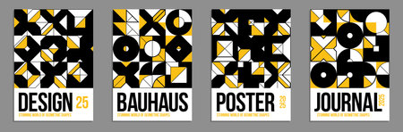 Geometric vector posters and covers in Bauhaus style, layout for advertisement sheet, tech engineering style shapes mechanical, brochure or book cover.のイラスト素材