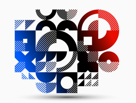 Abstract geometric stripy vector background, linear shapes of circles and triangles pattern composition, red and blue creative art abstraction.のイラスト素材