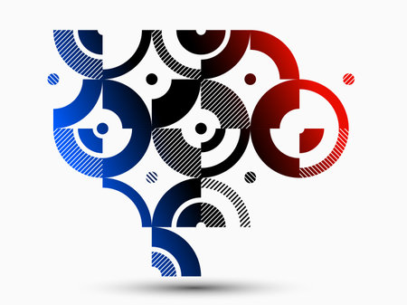 Abstract geometric stripy vector background, linear shapes of circles and triangles pattern composition, red and blue creative art abstraction.のイラスト素材