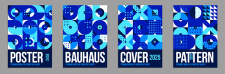 Geometric vector posters and covers in Bauhaus style, layout for advertisement sheet, brochure or book cover, tiling mosaic pattern.のイラスト素材
