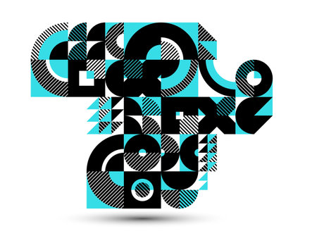 Geometric background composition, vector geometrical abstract stripy pattern, modular tiles with circles and triangles, trendy graphic art composition.のイラスト素材