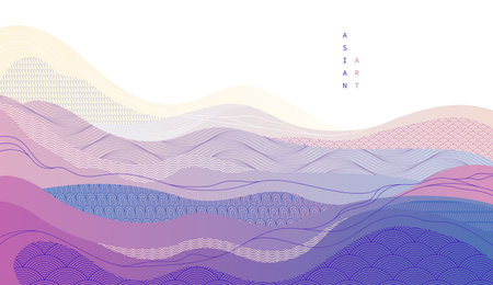 Abstract oriental Japanese art vector background, traditional style design, wavy shapes and mountains terrain landscape, runny like sea lines.のイラスト素材