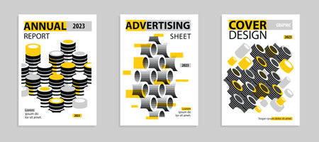 Abstract vector covers and posters with 3D isometric cubes blocks, geometric construction with blocks shapes and forms, print advertisement, magazine or book.のイラスト素材