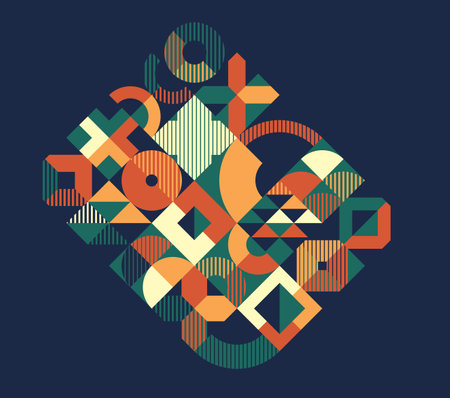 Ethnic abstract geometric background over dark, ceramic look like colors traditional tribal motif, modular mosaic tiles pattern.のイラスト素材