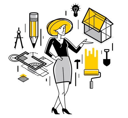 Building architecture designer vector outline trendy illustration, construction engineer working on a draft project, building plan for new house in progress.のイラスト素材