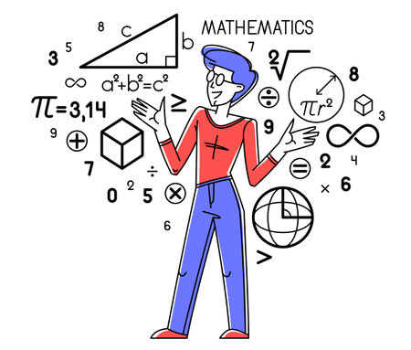Mathematics education vector with student learning math or teacher explaining lesson, mathematician working on some theoretical science.のイラスト素材