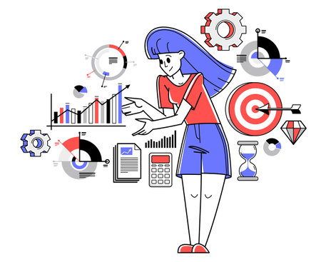 Business goal vector outline illustration, business strategy entrepreneurial woman developing and managing his plan, motivation and target.のイラスト素材