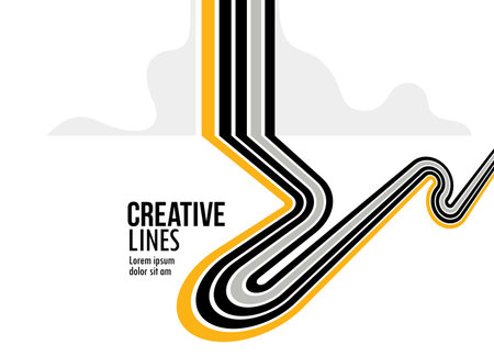 3D black and white lines in perspective with yellow elements abstract vector background, linear perspective illustration op art, road to horizon.のイラスト素材