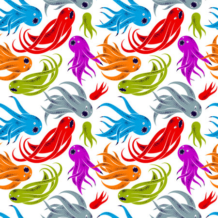 Scary horror monsters seamless vector textile pattern, beasts creatures endless wallpaper, stylish...