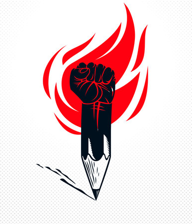 Strong design or art power concept shown as a pencil with clenched fist combined into symbol with fire flame, vector logo or creative conceptual icon for designer or studio, science research.のイラスト素材