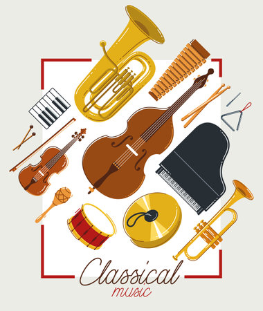 Classical music instruments poster vector flat style illustration, classic orchestra acoustic flyer or banner, concert or festival live sound, diversity of musical tools.のイラスト素材