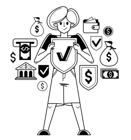 Financial protection and security vector outline illustration, bank worker is doing his job on financial safety, insurance and risk, secured shield.のイラスト素材