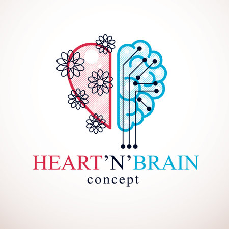 Heart and Brain concept, conflict between emotions and rational thinking, teamwork and balance between soul and intelligence. Vector logo or icon design.のイラスト素材