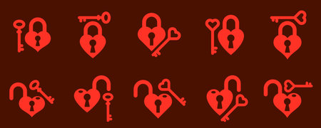 Heart shaped padlocks vector logos or icons set, locks and turnkeys love theme in a shape of hearts open or closed emotions, secret feelings concept, Valentine theme.のイラスト素材