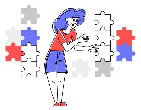 Young person combining puzzles and creating a system, vector outline illustration, connect pieces together.のイラスト素材