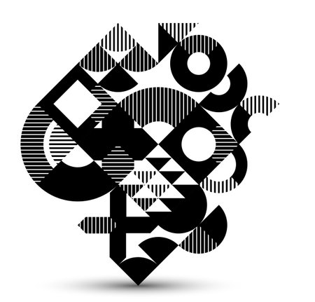 Abstract geometric black and white vector background, modular tiling stripy art with circles and other shapes, monochrome retro style artistic motif isolated.のイラスト素材