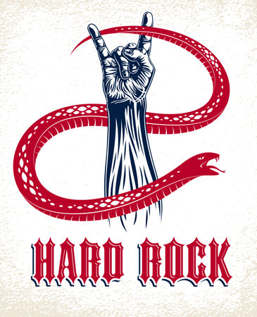 Rock hand sign with aggressive snake, hot music Rock and Roll gesture and serpent, Hard Rock festival concert or club, vector label emblem or logo, musical instruments shop or recording studio.のイラスト素材