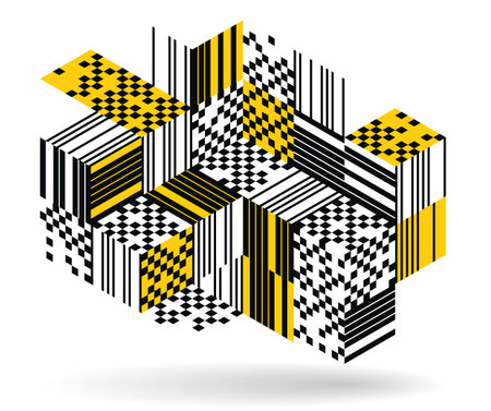 Black and yellow geometric vector abstract background with cubes and shapes, isometric 3D abstraction art displaying city buildings forms look like, op art optical illusion.のイラスト素材
