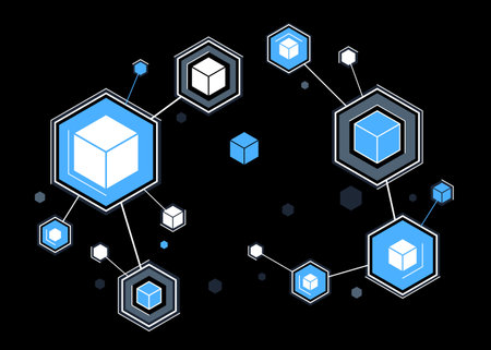 Abstract tech geometric vector background over dark, connected cubes technology network or science theme, digital system abstraction.のイラスト素材