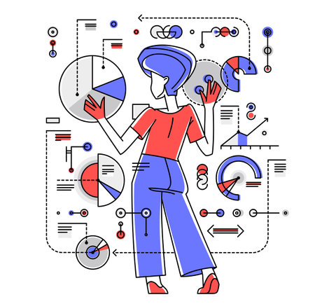 Intellectual worker woman making analysis of some data on pc or web, data systematization, collecting and analyzing information, vector outline illustration.のイラスト素材