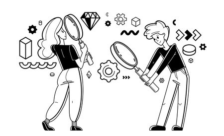 Young people making some inquiry and collecting data for analysis, vector outline illustration, exploration and research for business or science, answer the questions.のイラスト素材