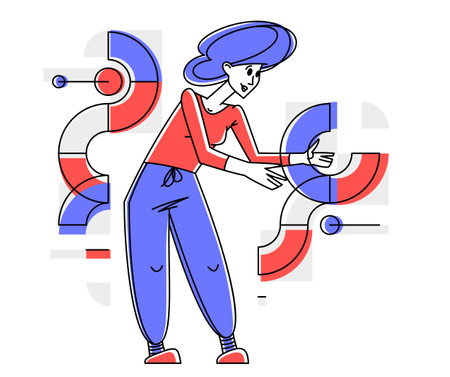 Inspired inventive designer or engineer composing abstract elements, creative worker doing some job and creating some system, vector outline illustration.のイラスト素材