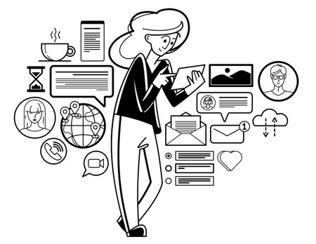 Support center worker is giving advices and consulting customers vector outline illustration, client care consultant is checking feedback, online assistant.のイラスト素材