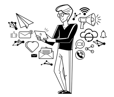Online work concept vector outline illustration, remote virtual working freelancer or a part of coworking team working on distance.のイラスト素材