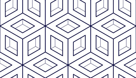Geometric cubes abstract seamless pattern, 3d vector background. Technology style engineering line drawing endless illustration. Usable for fabric, wallpaper, wrapping, web and print.のイラスト素材