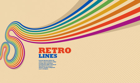 Linear vector abstract background in all colors of rainbow, retro style lines in 3D dimensional perspective, vintage poster art.のイラスト素材