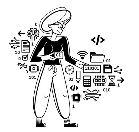 Programmer is coding and repairing some machine system, vector outline illustration, computer engineer doing his job, sysadmin and coder.のイラスト素材