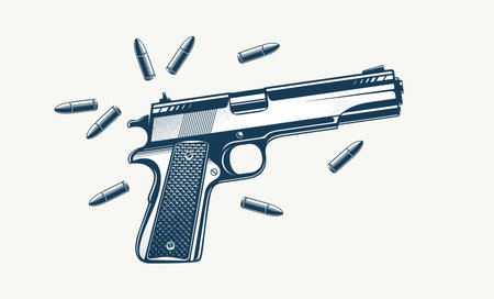 Detailed shotgun and bullets vector illustration in a classic graphic design style, beautiful gun drawing.のイラスト素材