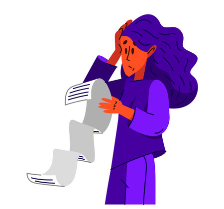 Young woman in trouble have a very long list to do, vector illustration of a stressed girl with long checklist, may be used as a long bill or check.のイラスト素材