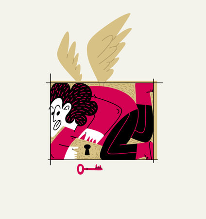 Man is locked in a rectangular frame, social and cultural restrictions concept, vector illustration of a guy in uncomfortable pose is locked in his mind barriers with imaginary wings.のイラスト素材