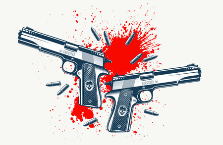 Detailed shotgun and blood splatter vector illustration of a detective criminal story, beautiful gun drawing, movie poster or book cover.のイラスト素材