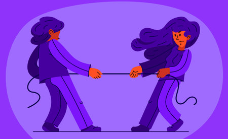 Tug of war struggle between young man and woman, vector illustration of a young people in hard...