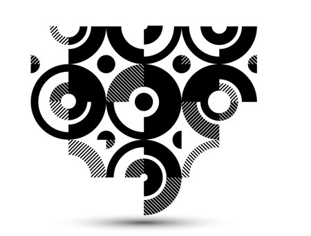 Abstract geometric black and white vector background, modular tiling stripy art with circles and other shapes, monochrome retro style artistic motif isolated.のイラスト素材