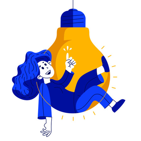 Young woman having a bright idea, vector illustration of a person with light bulb, creative genius thinking and generating a perfect idea.のイラスト素材