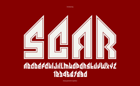 Sharp and bold gothic font for logo creation of for headlines, edgy geometric modern vector typeface, heavy metal and hard rock style alphabet with numbers.のイラスト素材