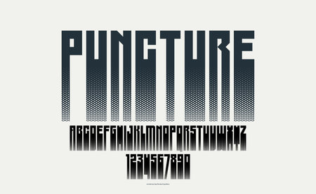 Halftone dotted futuristic cyberpunk font for logos and posters, vector brutal industrial typeface alphabet letters and numbers, urban technic future typography.のイラスト素材
