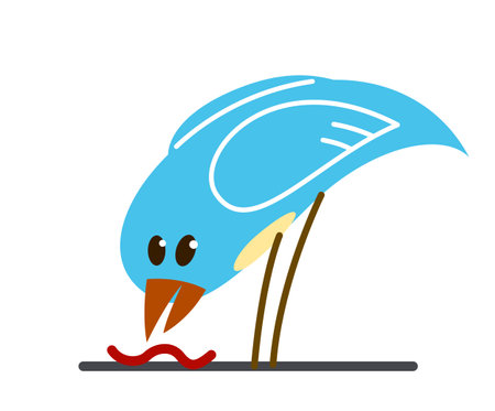 Little cute bird hunting on worm eats it funny cartoon flat vector illustration isolated on white.のイラスト素材