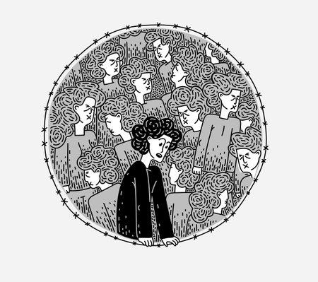 Totalitarian society and slaves and one person has a free mind and sees the problem, vector illustration negative culture of totalitarian matrix and nonconformist.のイラスト素材
