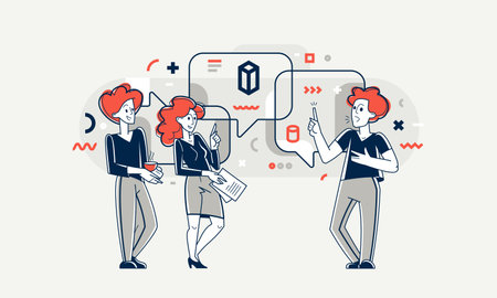 Business office team of young people have a discussion and brainstorm with new ideas during a coffee break, vector outline illustration, team of young people discussing.のイラスト素材