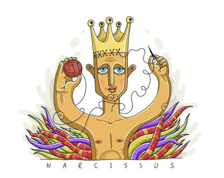Narcissist man vector illustration, metaphor conceptual drawing of a young man wearing a crown symbolizing narcissism psychological disorder.のイラスト素材