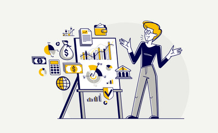 Business training vector outline illustration, coach instructor teaches people in a seminar conference about business and finance, skill-up.のイラスト素材