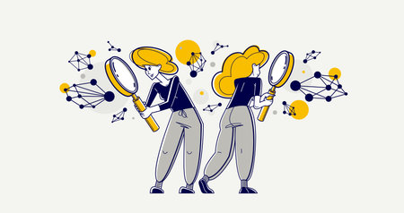 Scientists discovering science molecules and making experiments vector outline illustration, laboratorial science research or invention, education.のイラスト素材